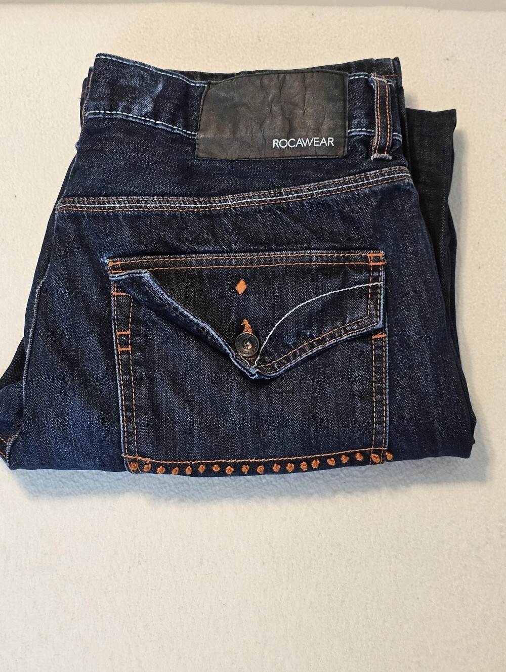 Rocawear Mens Classic Fit Jeans W38 Dark Wash Orange Stitch Y2K Streetwear Euc